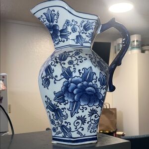 Blue and White Floral Ceramic Pitcher Vase